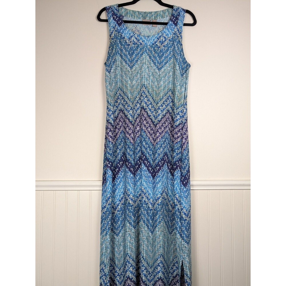 Chicos Maxi Dress Sz 1 Med Blue Abstract Ikat Maxi Sleeveless Stretch Casual